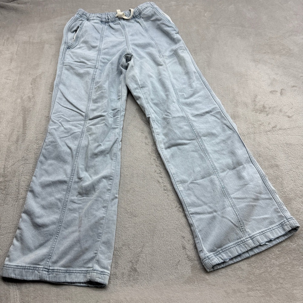 Aerie Wide Leg Pants Womens S Long Light Blue Denim Look Seam Detail Casual Boho